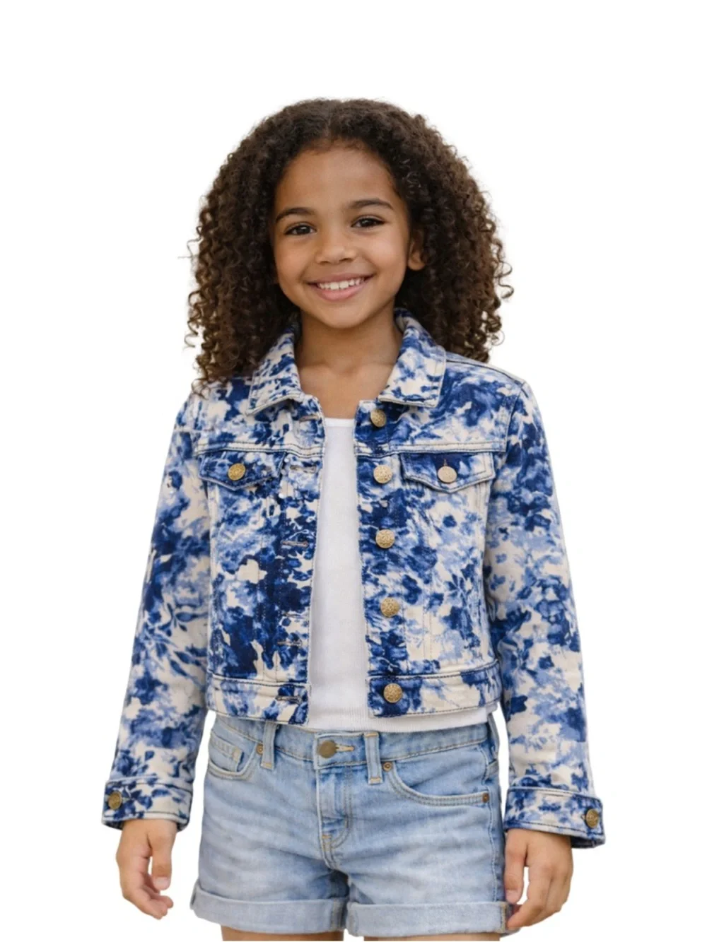 Children’s Place Blue Floral Denim Jacket Girls M 7/8 Cropped Cotton NWOT